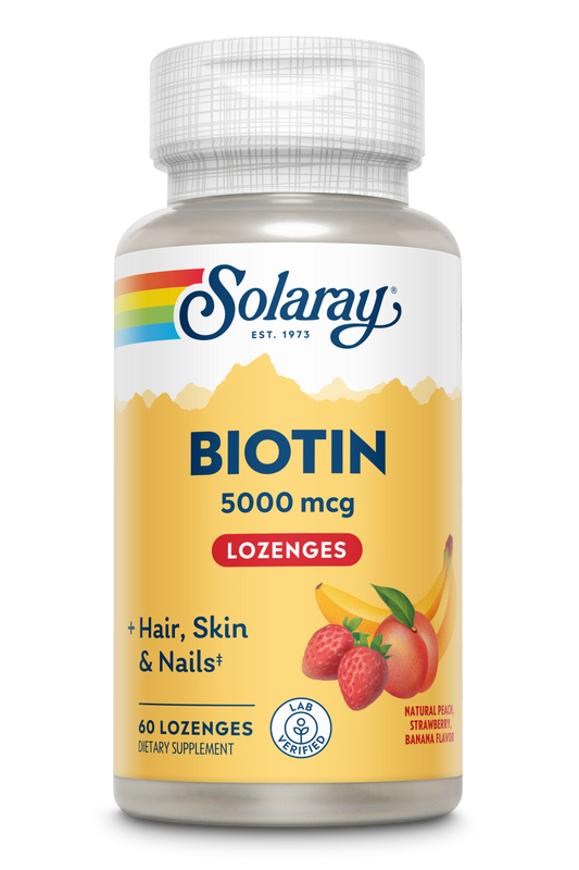 Solaray Biotin 5000 mcg | Natural Peach, Strawberry, Banana Flavor | Healthy Hair, Skin & Nails Support | 60 Lozenges