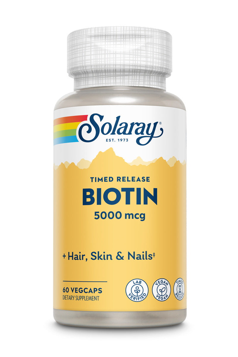 Solaray Biotin 5000 mcg | Timed Release | Fast-Acting, Long-Lasting Healthy Hair, Skin & Nails Support | 60 VegCaps