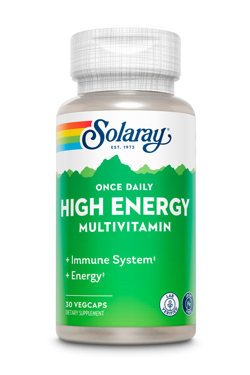 Solaray Once Daily High Energy Multivitamin, Iron Free, Immune System and Energy Support, Whole Food and Herb Base Ingredients, Men’s and Women’s Multi Vitamin (30 Servings, 30 VegCaps)