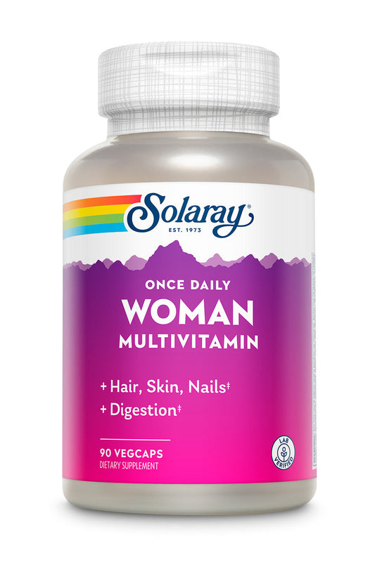 Solaray Once Daily Woman Multivitamin with Iron, Women’s Multivitamin with Hair, Skin & Nails Blend, Enzyme Blend & Whole Food Base, Healthy Energy, Immune & Digestion Support, 90 Servings, 90 VegCaps