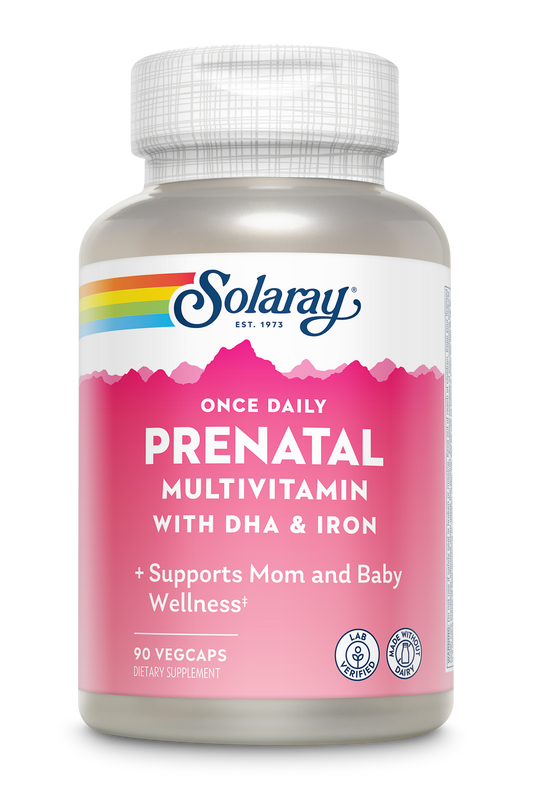 Solaray Once Daily Prenatal Multivitamin with Iron & DHA, Prenatal Vitamins and Minerals for Expectant Mothers, Digestion Aid with Morning Ease Herbal Blend & Whole Food Base, 90 Servings, 90 VegCaps