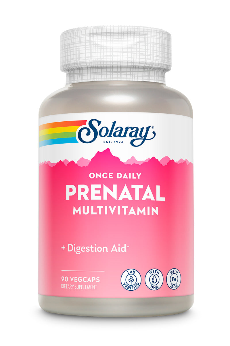 Solaray Once Daily Prenatal Multivitamin with Iron & DHA, Prenatal Vitamins and Minerals for Expectant Mothers, Digestion Aid with Morning Ease Herbal Blend & Whole Food Base, 90 Servings, 90 VegCaps