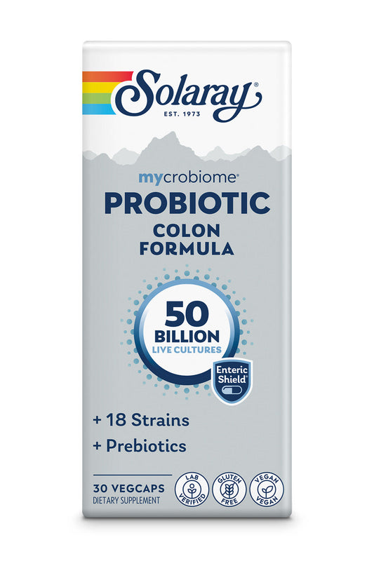 Solaray Mycrobiome Probiotic Colon Formula, Vegan, Digestive Function, Colon Health, and Immune System Support, 50 Billion CFU, 18 Strains, Prebiotic Inulin, 60-Day Guarantee, 30 Servings, 30 VegCaps