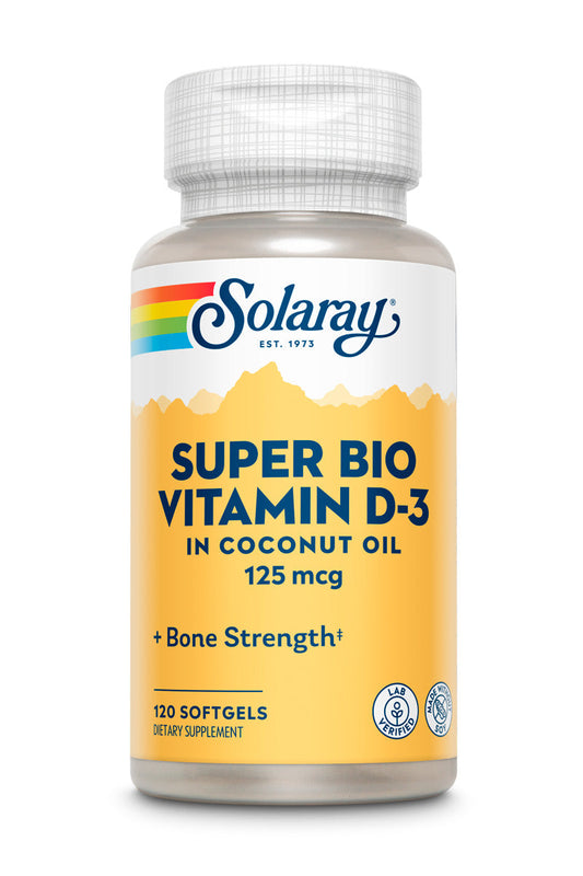 Solaray Super Bio Vitamin D3 in Coconut Oil - D3 Vitamin 5000 IU - Bone Health and Immune Support Supplement - Lab Verified, Made Wtihout Soy, 60-Day Guarantee - 120 Softgels, 120 Servings