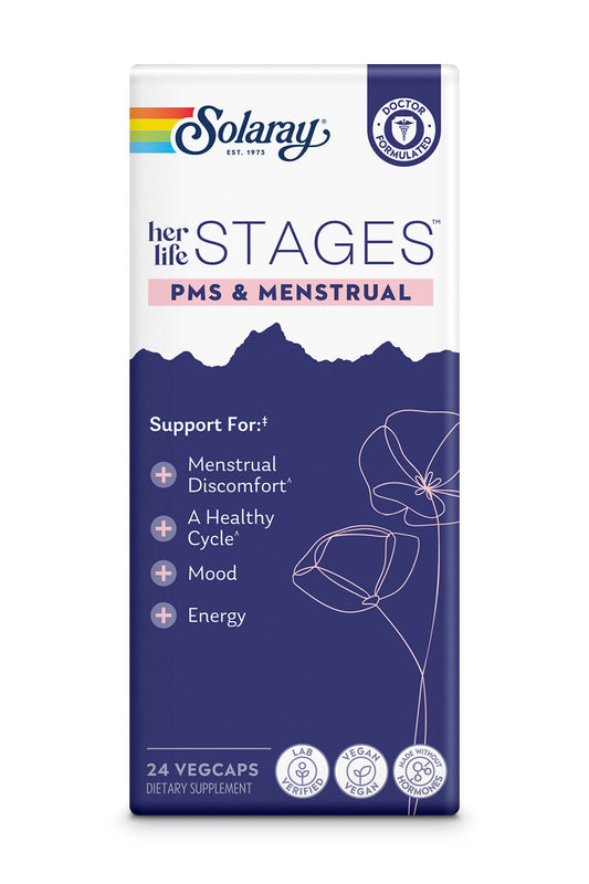 SOLARAY Her Life Stages PMS & Menstrual - PMS Support Supplement for Women with Cramp Bark, Vitex Chasteberry - Made Without Hormones - 60-Day Guarantee - Vegan, Lab Verified - 24 Servings, 24 VegCaps