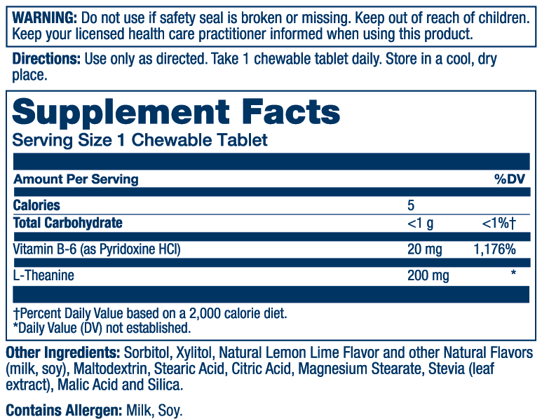 Solaray Sugar-Free L-Theanine Chewable, Lemon-Lime Flavor - 30 Chewables - 200 mg