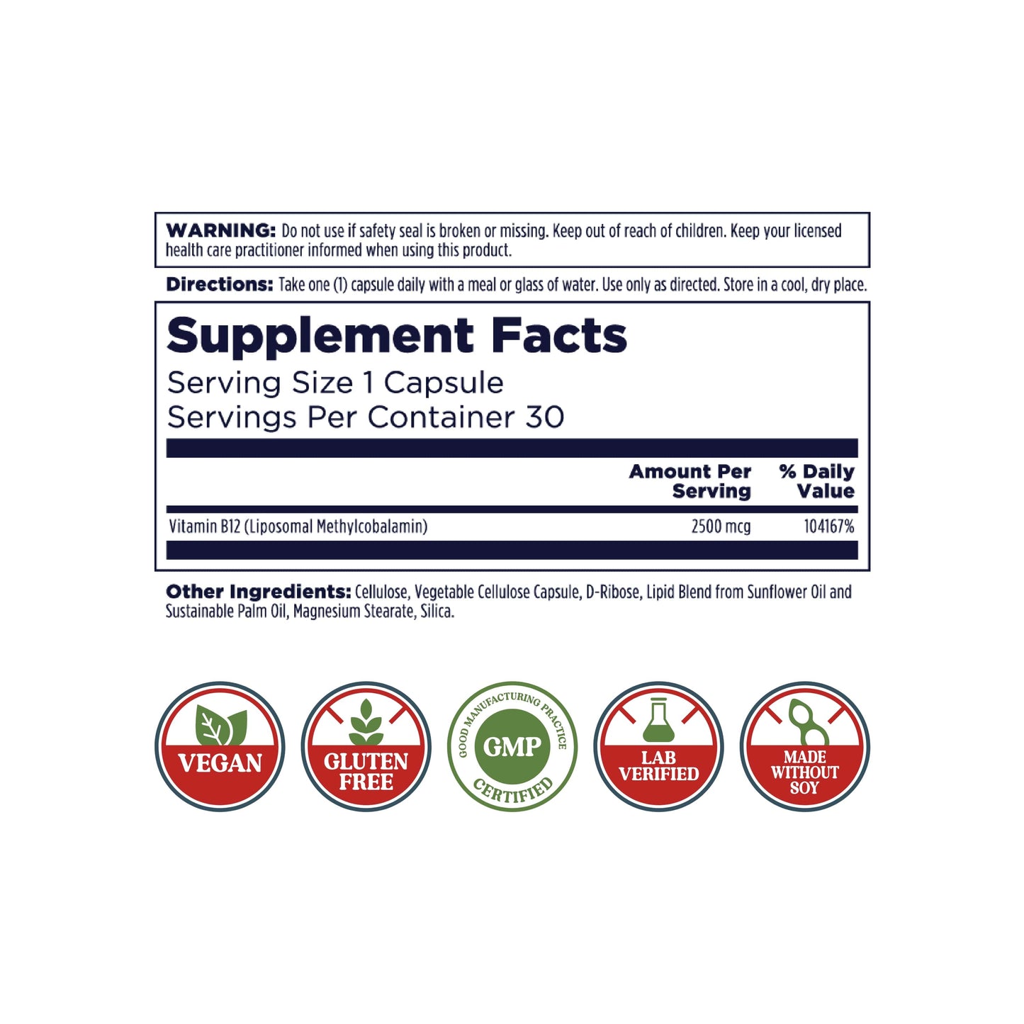 Supplement facts label for kalvitamins Liposomal B12 capsules includes serving size, amount per serving, daily value, and details on cellular energy and nerve support. Icons show vegan, gluten-free, GMP certified. Includes warning and usage directions.