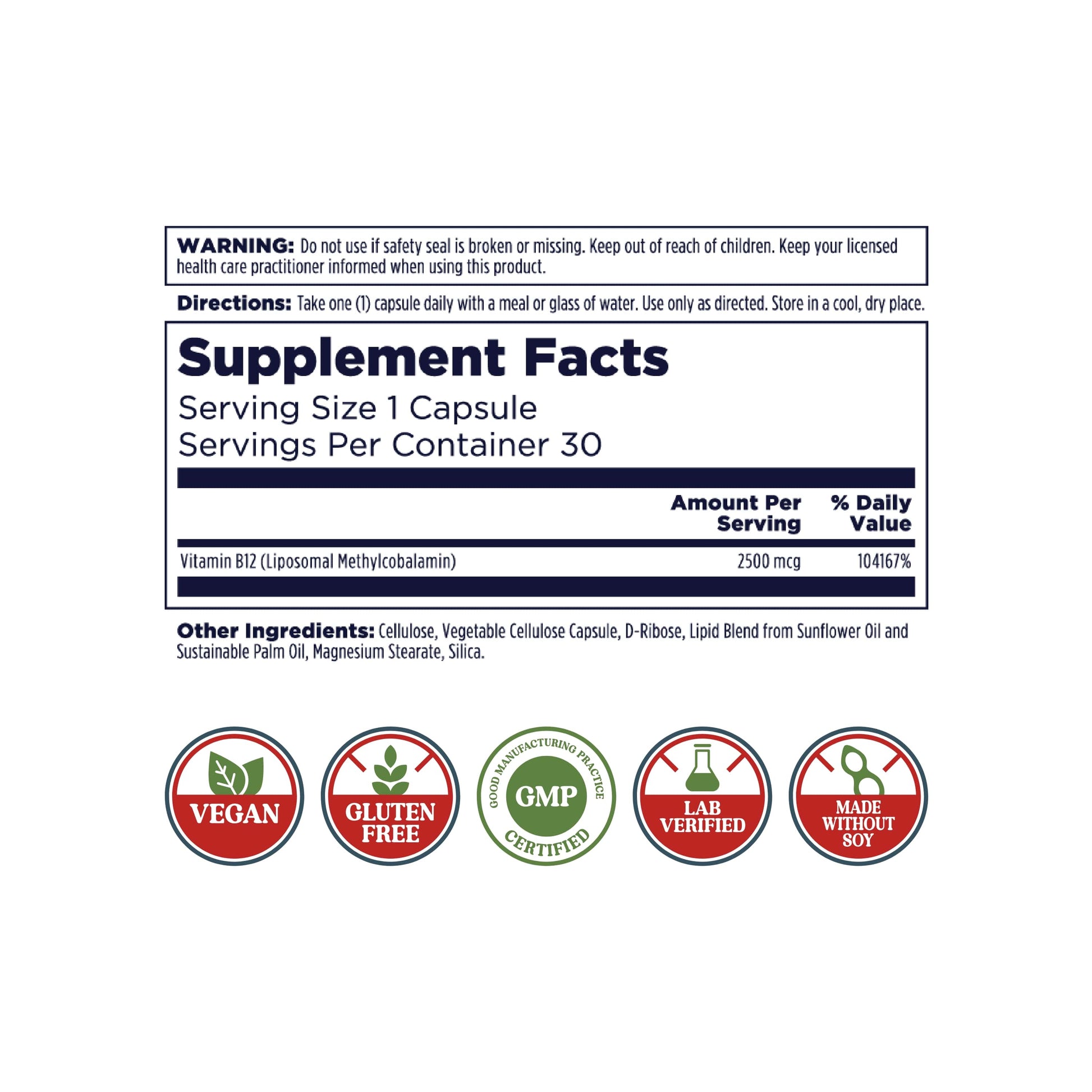 Supplement facts label for kalvitamins Liposomal B12 capsules includes serving size, amount per serving, daily value, and details on cellular energy and nerve support. Icons show vegan, gluten-free, GMP certified. Includes warning and usage directions.