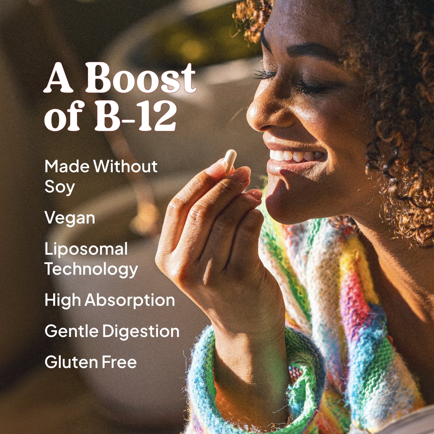 A smiling person holds kalvitamins Liposomal B12 near their mouth. Text highlights: Boost of B-12, supports nerve function & cellular energy, high absorption, gentle digestion, vegan, soy-free, and gluten free.