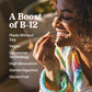 A smiling person holds kalvitamins Liposomal B12 near their mouth. Text highlights: Boost of B-12, supports nerve function & cellular energy, high absorption, gentle digestion, vegan, soy-free, and gluten free.