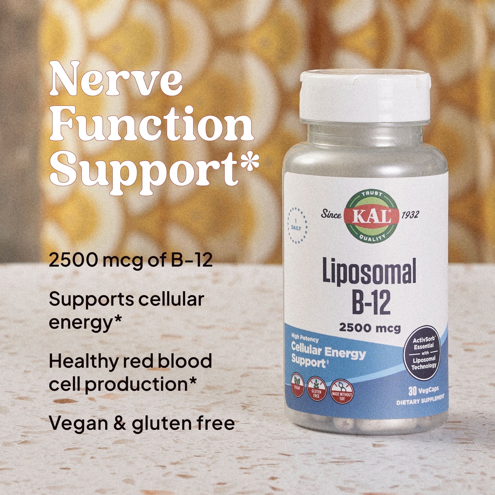 A bottle of kalvitamins Liposomal B12 sits on a surface, with text highlighting “Nerve Function Support,” “2500 mcg of B12,” and “Supports cellular energy.” It’s vegan and gluten free.