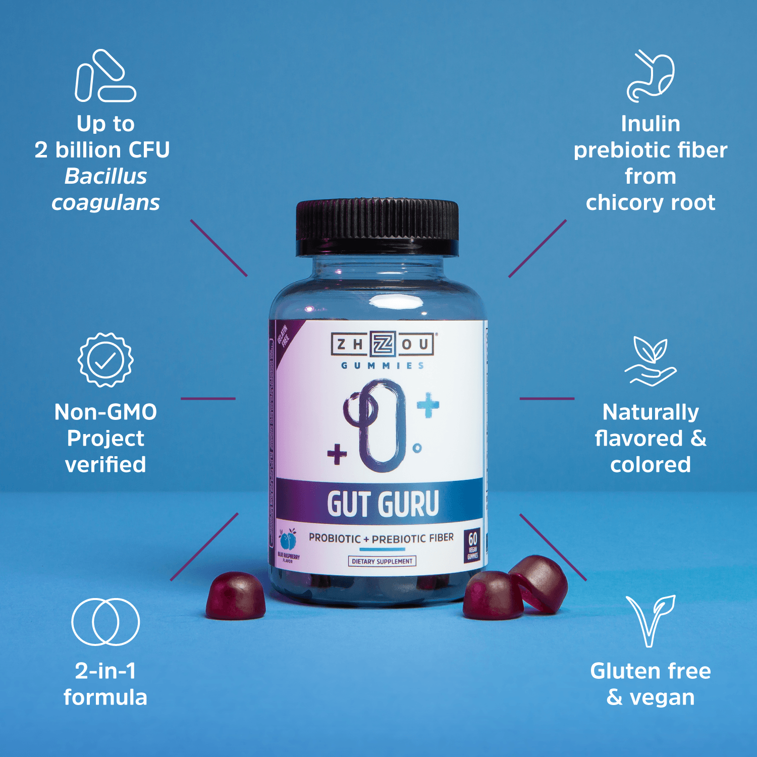 Up to 2 billion CFU bacillus coagulans. Inulin prebiotic fiber from chicory root. Non-GMO project verified. Naturally flavored & colored. 2-in-1 formula. Gluten free and vegan.