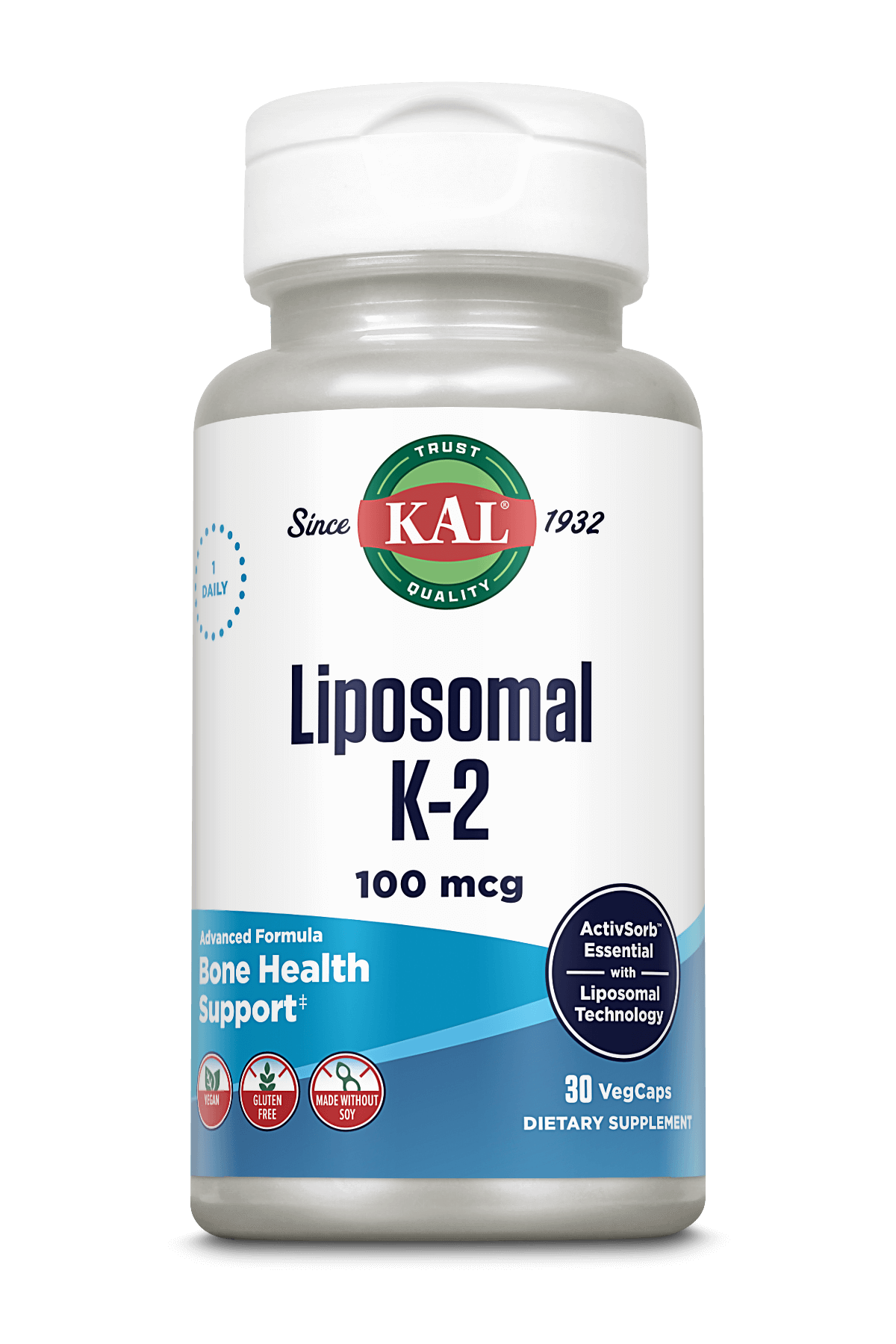 KAL Liposomal Vitamin K2 Supplement with MK7 100 mcg, High Absorption, Liposomal Technology, Advanced Bone Support, Vegan Capsules, Gluten Free, Made without Soy, 30 Servings