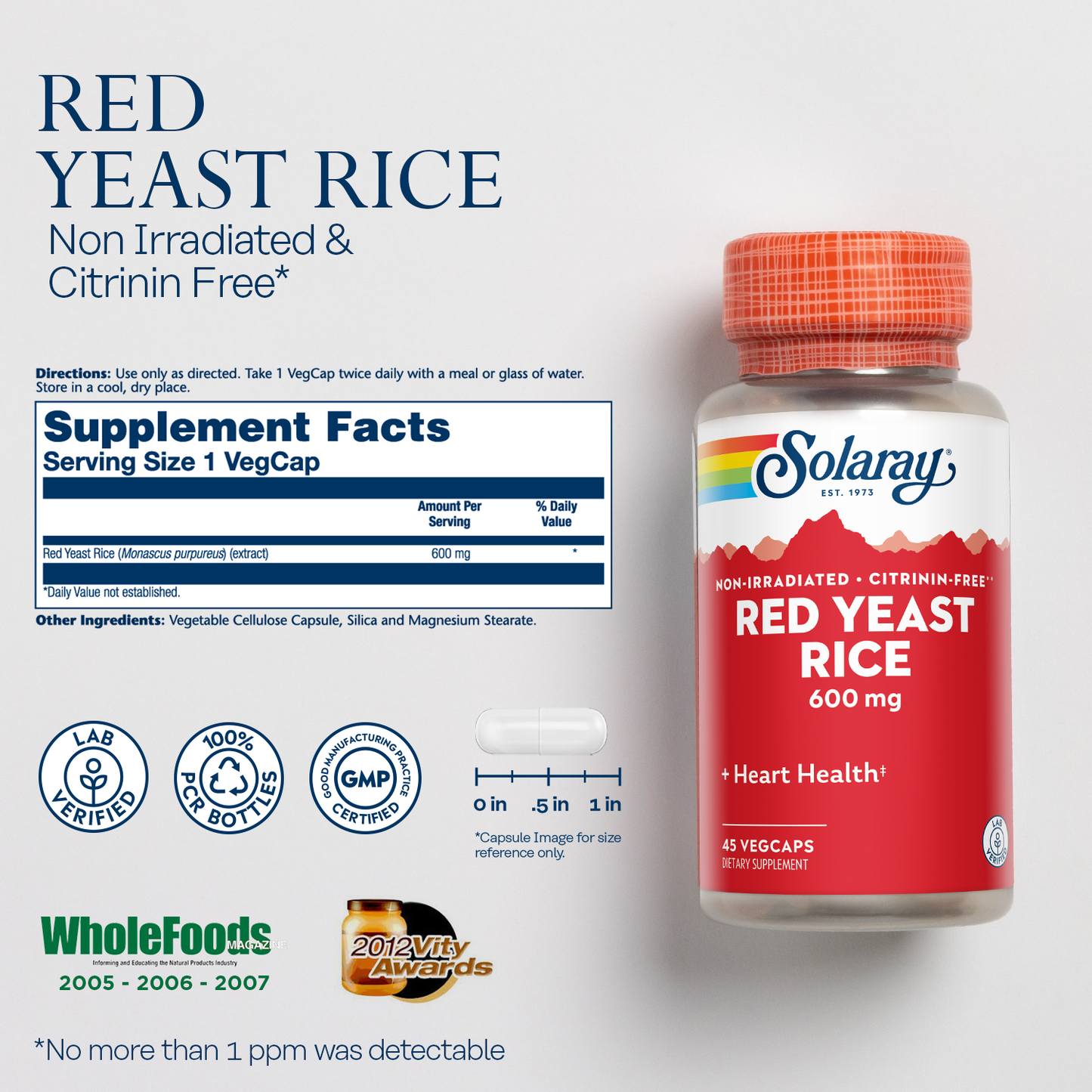 Solaray Red Yeast Rice, Healthy Heart & Cardiovascular Support, Non-Irradiated & Citrinin-Free, 60 Day Money-Back Guarantee, 90 Servings, 90 VegCaps