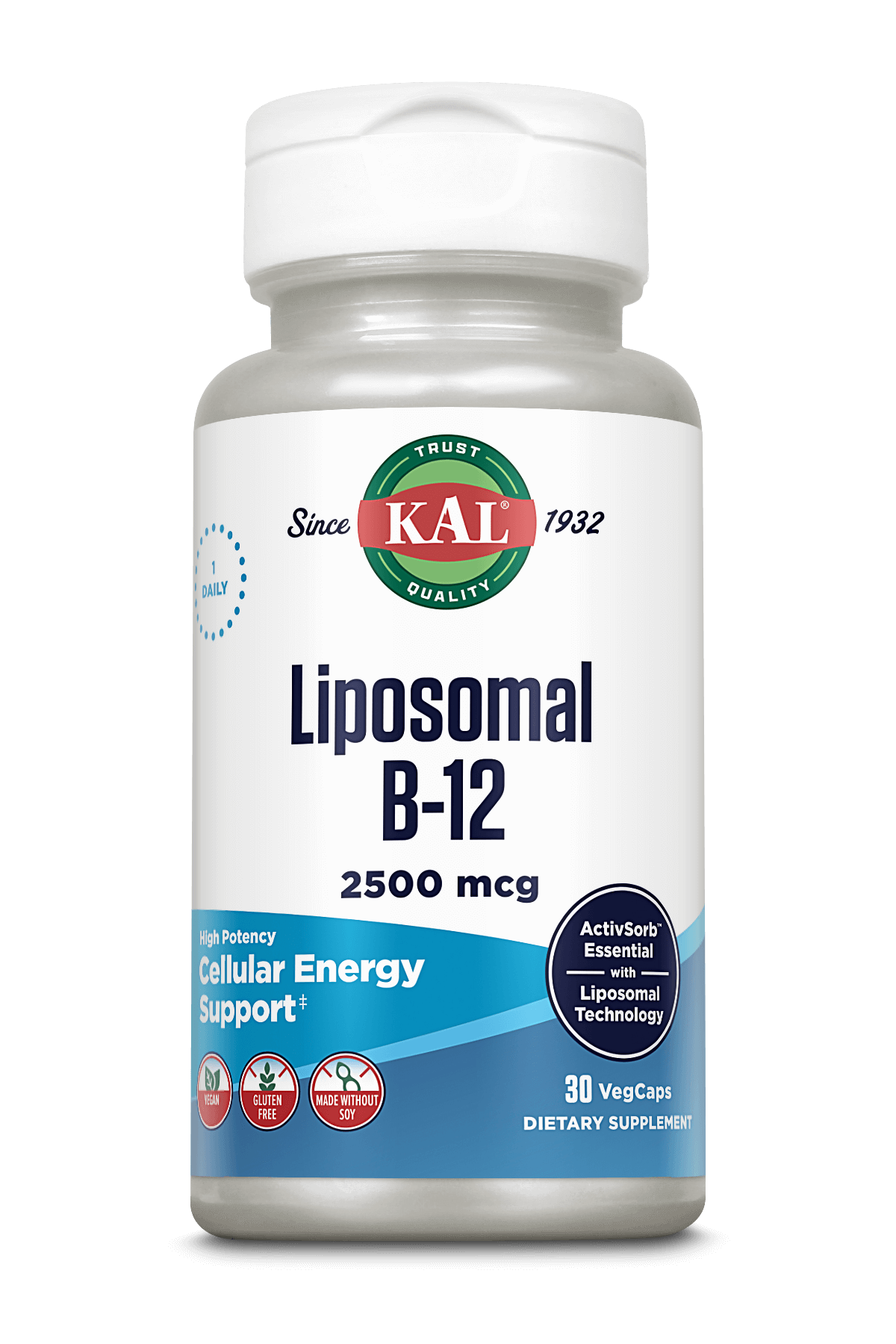 A bottle of kalvitamins Liposomal B12, 2500 mcg, features vegan, soy-free, and ActivSorb technology labels. Contains 30 veggie capsules to support cellular energy and nerve function.
