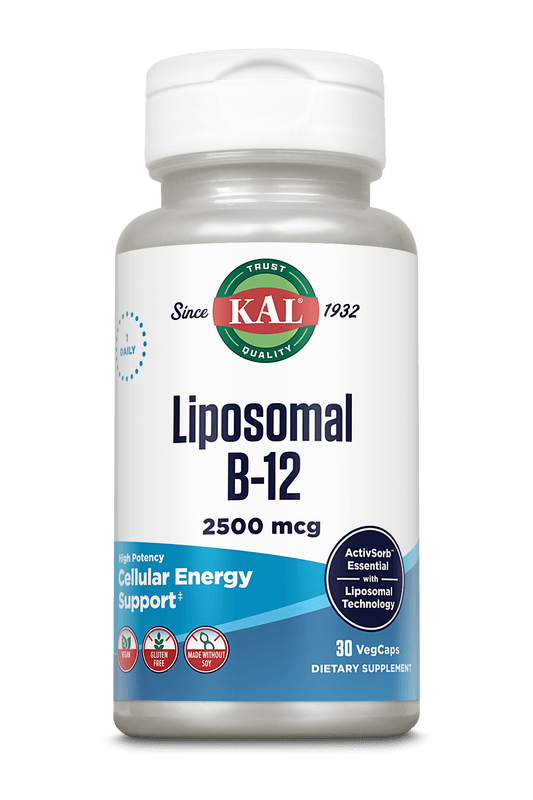 A bottle of kalvitamins Liposomal B12, 2500 mcg, features vegan, soy-free, and ActivSorb technology labels. Contains 30 veggie capsules to support cellular energy and nerve function.