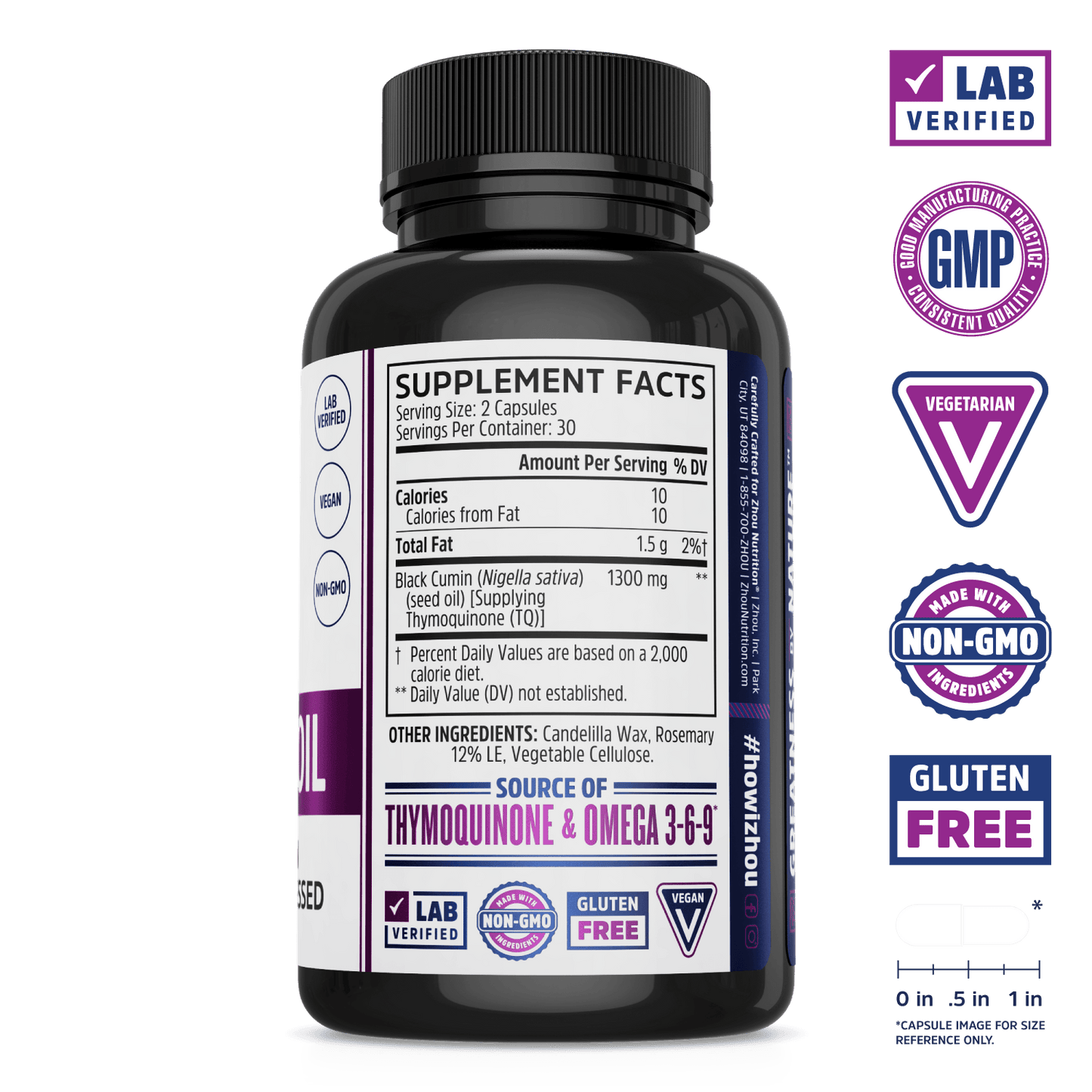 Non-GMO Black Seed Oil Capsules From Zhou Nutrition. Bottle side. Lab verified, good manufacturing practices, vegetarian, made with non-GMO ingredients, gluten free.