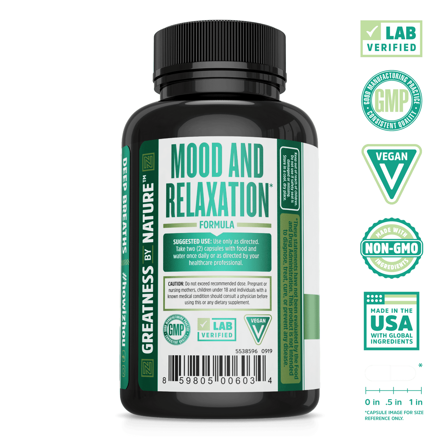 Zhou Nutrition Calm Now Supplement For Mood and Relaxation. Bottle side. Lab verified, good manufacturing practices, vegan, made with non-GMO ingredients, made in the USA with global ingredients.