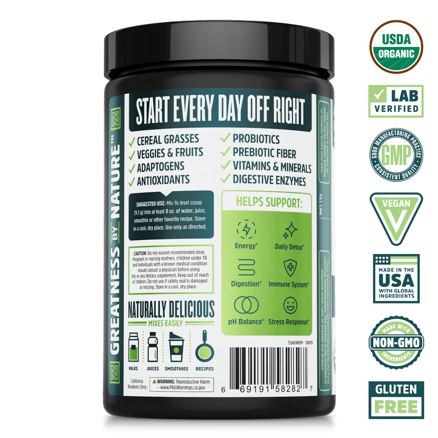 Zhou Nutrition Organic Deep Greens Micronutrient Powder Superfood. Bottle side. USDA organic, lab verified, good manufacturing practices, vegan, made in the USA with global ingredients, made with non-GMO ingredients, gluten free.