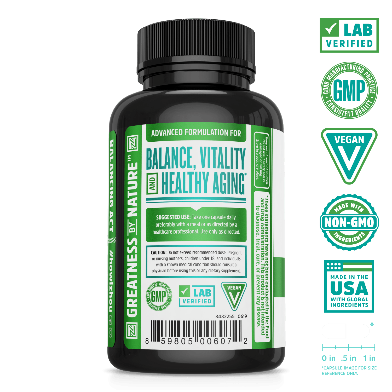 Hormonal Balance Complex with activated broccoli extract from Zhou Nutrition. Bottle side. Lab verified, good manufacturing practices, vegan, made with non-GMO ingredients, made in the USA with global ingredients.