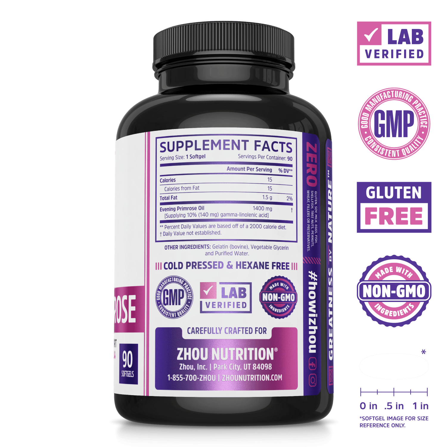 Cold Pressed & Hexane Free Evening Primrose Oil supplement from Zhou Nutrition. Lab verified, good manufacturing practices, gluten free, made with non-GMO ingredients