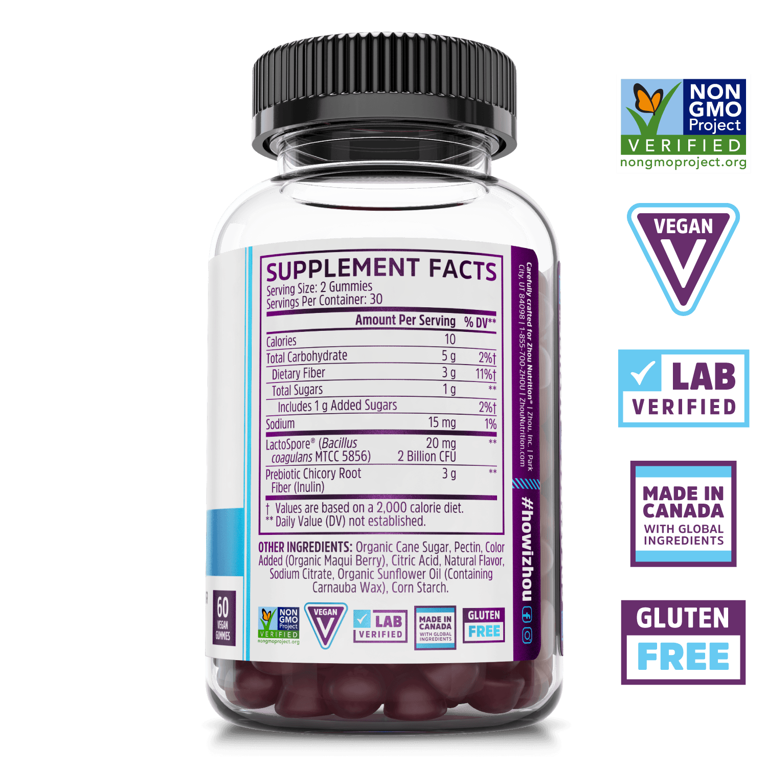 Gut Guru gut health supplement gummy from Zhou Nutrition. Non-GMO project verified, vegan, lab verified, made in Canada with global ingredients, gluten free.