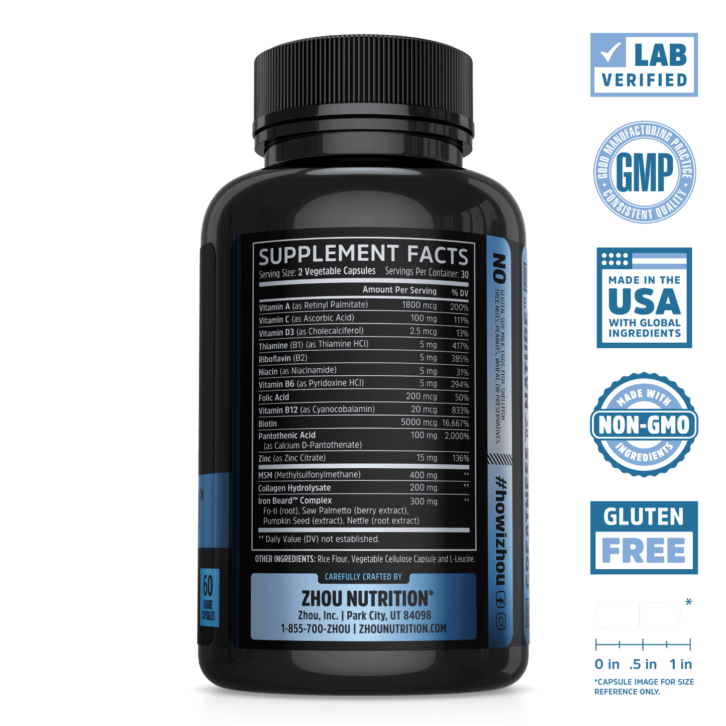 Iron Beard Supplement from Zhou Nutrition. Lab verified, good manufacturing practice, made in the USA with global ingredients, made with non-GMO ingredients, gluten free