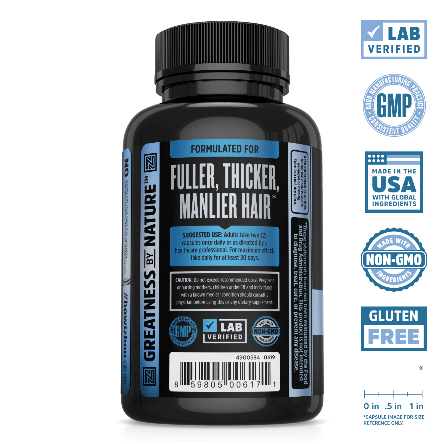Zhou Nutrition Iron Beard Hair Growth Formula. Lab verified, good manufacturing practice, made in the USA with global ingredients, made with non-GMO ingredients, gluten free
