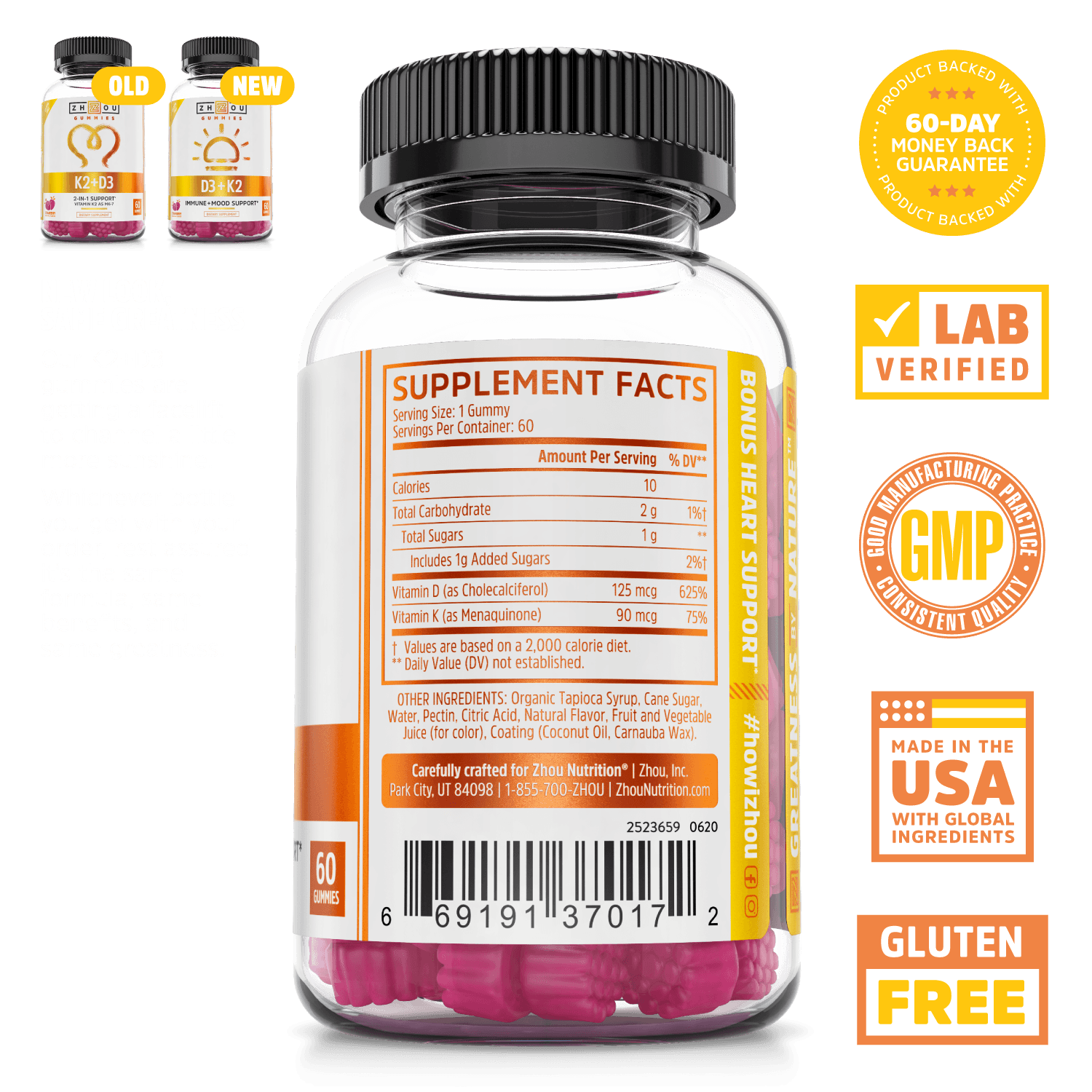 Zhou K2 D3 gummy supplement. 60-day money back guarantee, lab verified, vegetarian, good manufacturing practices, made in the USA with global ingredients, gluten free