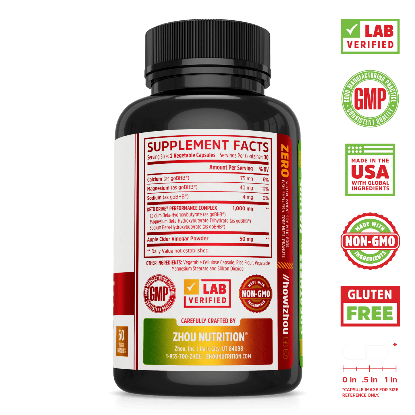 Zhou Nutrition On-The-Go Keto Drive Capsules. Lab verified, good manufacturing practices, made in the USA with global ingredients, made with non-GMO ingredients, gluten free.