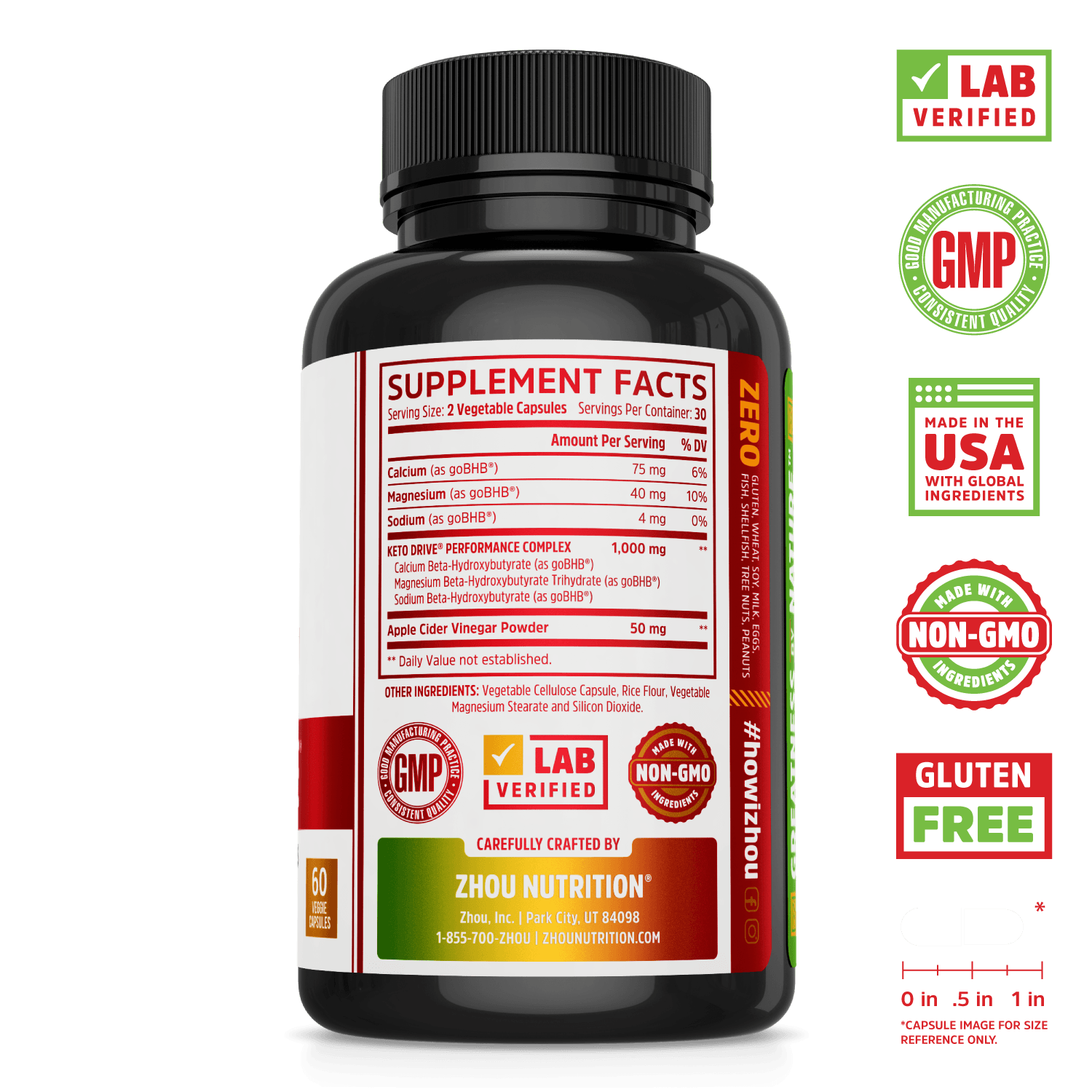 Zhou Nutrition On-The-Go Keto Drive Capsules. Lab verified, good manufacturing practices, made in the USA with global ingredients, made with non-GMO ingredients, gluten free.