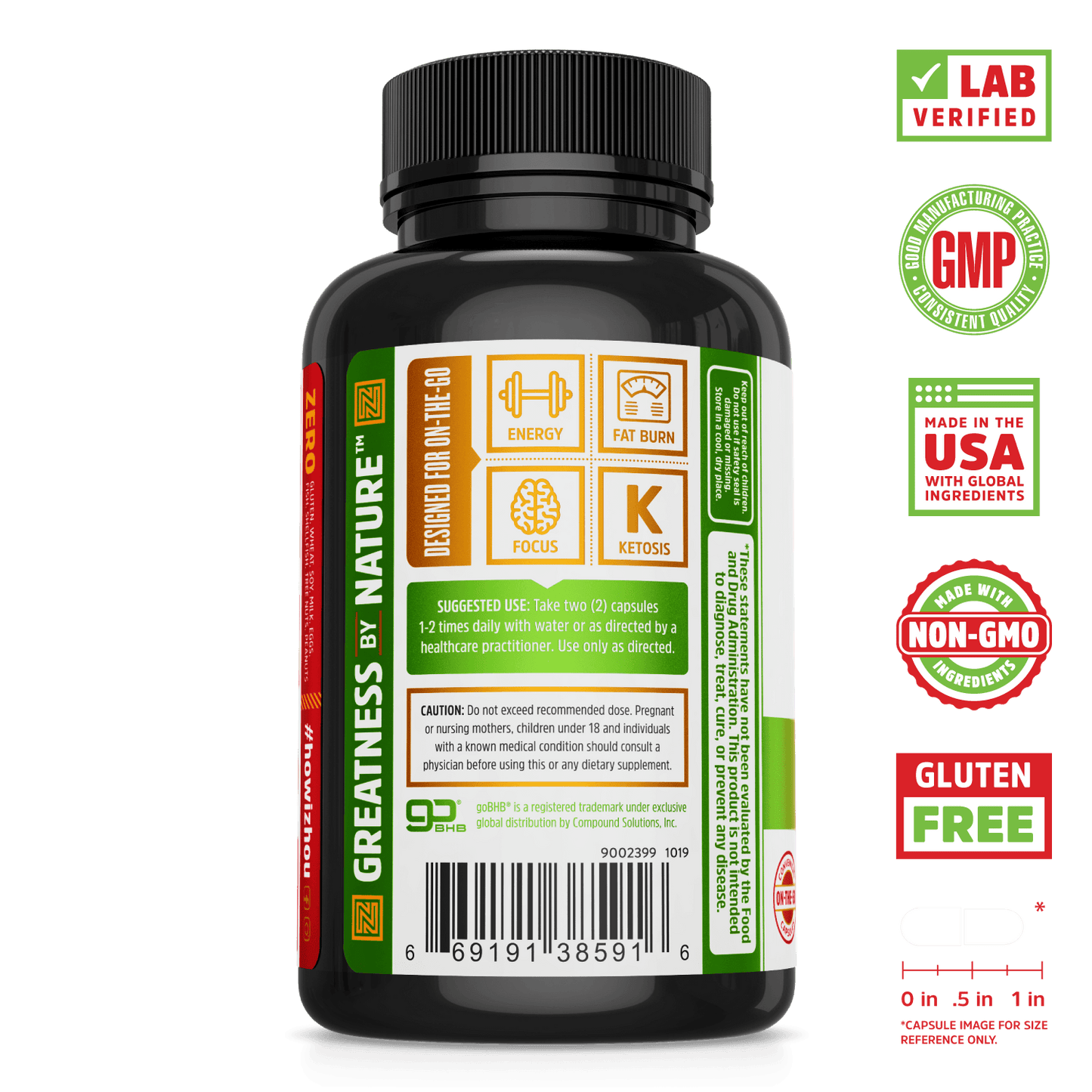 Keto Drive Ketone Supplement Capsules. Lab verified, good manufacturing practices, made in the USA with global ingredients, made with non-GMO ingredients, gluten free.