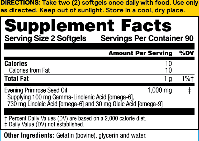 Natures Life Evening Primrose Oil 1000 mg | PMS and Menopause Support for Women | Skin Health | 180ct, 90 Serv.