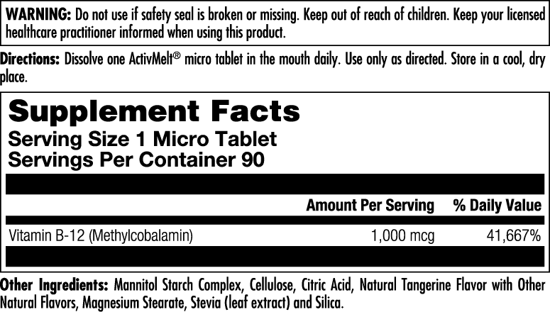 KAL Vitamin B12 Methylcobalamin 1000mcg, Healthy Energy, Metabolism, Nerve & Red Blood Cell Support,* Fast Dissolve ActivMelt, Optimal Absorption, Natural Tangerine Flavor, 90 Servings, 90 Micro Tabs