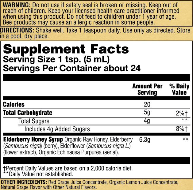 Honey Gardens Elderberry Syrup for Kids with Honey, Kids Elderberry Syrup, 6.4 mg of Elderberry Honey Syrup with Organic Raw Honey, Organic Echinacea Purpurea and Elderflower, 24 Servings, 4 FL. OZ.