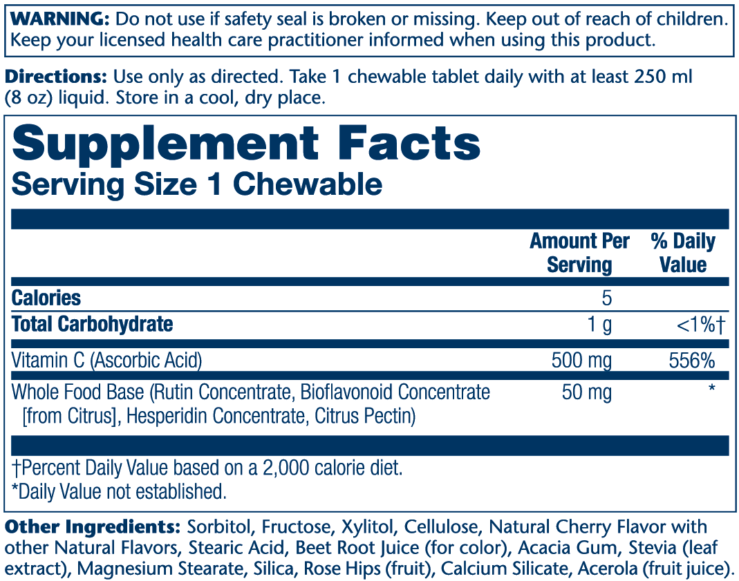 Solaray Chewable Vitamin C 500 mg, Natural Cherry Flavor with Natural Sweeteners, Antioxidant and Immune Support Supplement with Whole Food Base, 60-Day Guarantee, 100 Servings, 100 Chewables