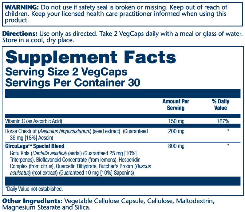 Solaray CircuLegs with Horse Chestnut Extract, Gotu Kola, Butcher's Broom, and More, Circulation and Vein Support for Healthy Legs, 60-Day Guarantee, Lab Verified