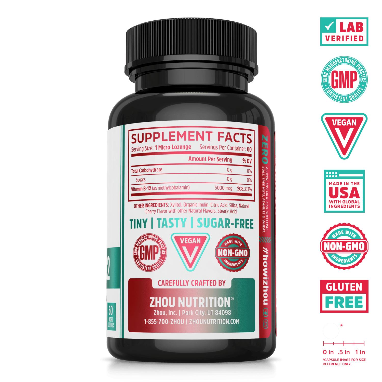Zhou Nutrition Methyl B-12 sublingual supplement cherry flavor. Lab verified, good manufacturing practices, vegan, made in USA with global ingredients, made with non-GMO ingredients, gluten free.