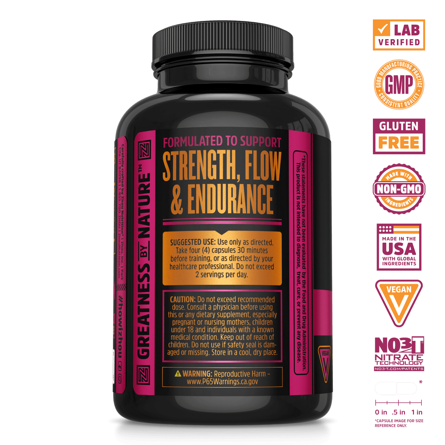 N.O. Pro Nitric Oxide Supplement Capsules. Lab verified, good manufacturing practices, made in the USA with global ingredients, made with non-GMO ingredients, gluten free, NO3T nitrate technology