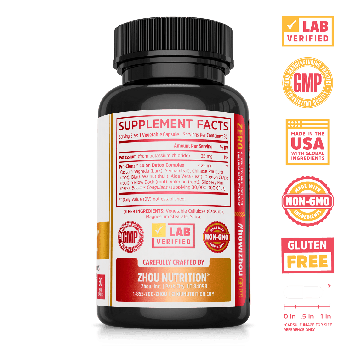 Zhou Nutrition Pro-Clenz Colon Detox Complex with Probiotics. Lab verified, good manufacturing practices, made in the USA with global ingredients, made with non-GMO ingredients, gluten free.