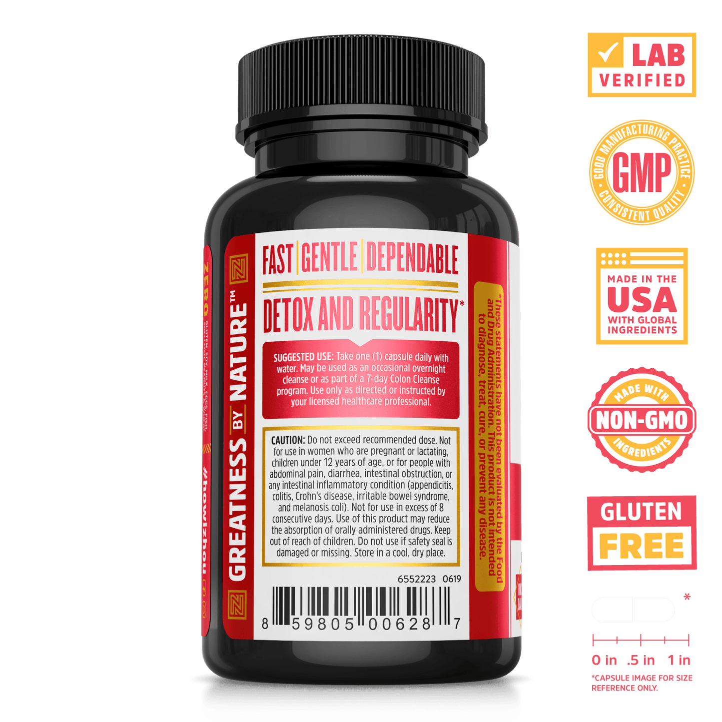 Zhou Nutrition Pro-Clenz Colon Detox Cleanse.  Lab verified, good manufacturing practices, made in the USA with global ingredients, made with non-GMO ingredients, gluten free.