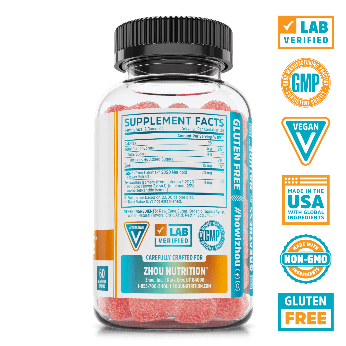 Zhou Nutrition Screen Eyes Gummies for Macular Strength and Blue Light Exposure.  Lab verified, good manufacturing practices, vegan, made in the USA with global ingredients, made with non-GMO ingredients, gluten free.
