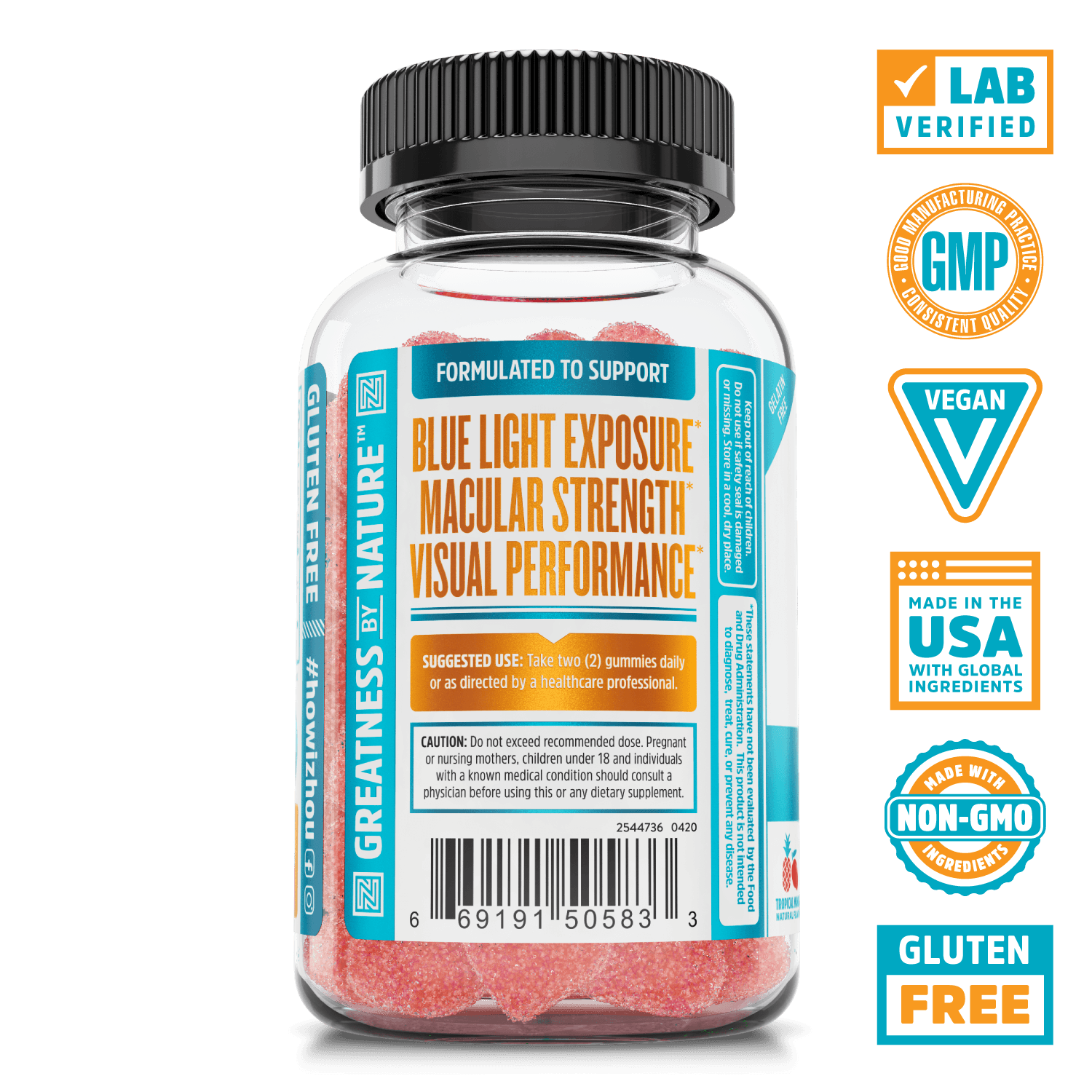 Screen Eyes Gummies Supplement Facts Zhou Nutrition. Lab verified, good manufacturing practices, vegan, made in the USA with global ingredients, made with non-GMO ingredients, gluten free.