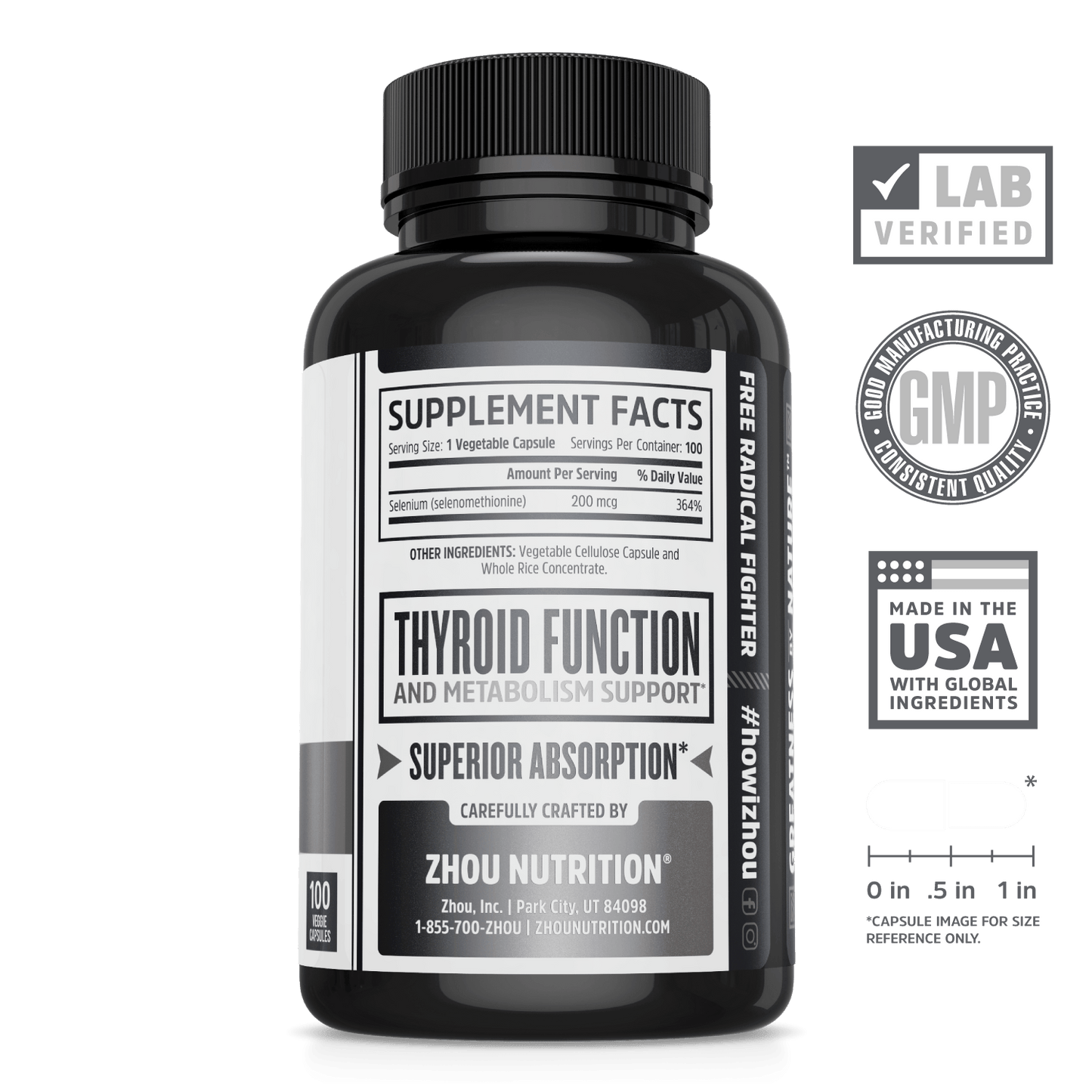 Zhou Nutrition Selenium Essential Micronutrient Supplement. Lab verified, good manufacturing practices, made in the USA with global ingredients.