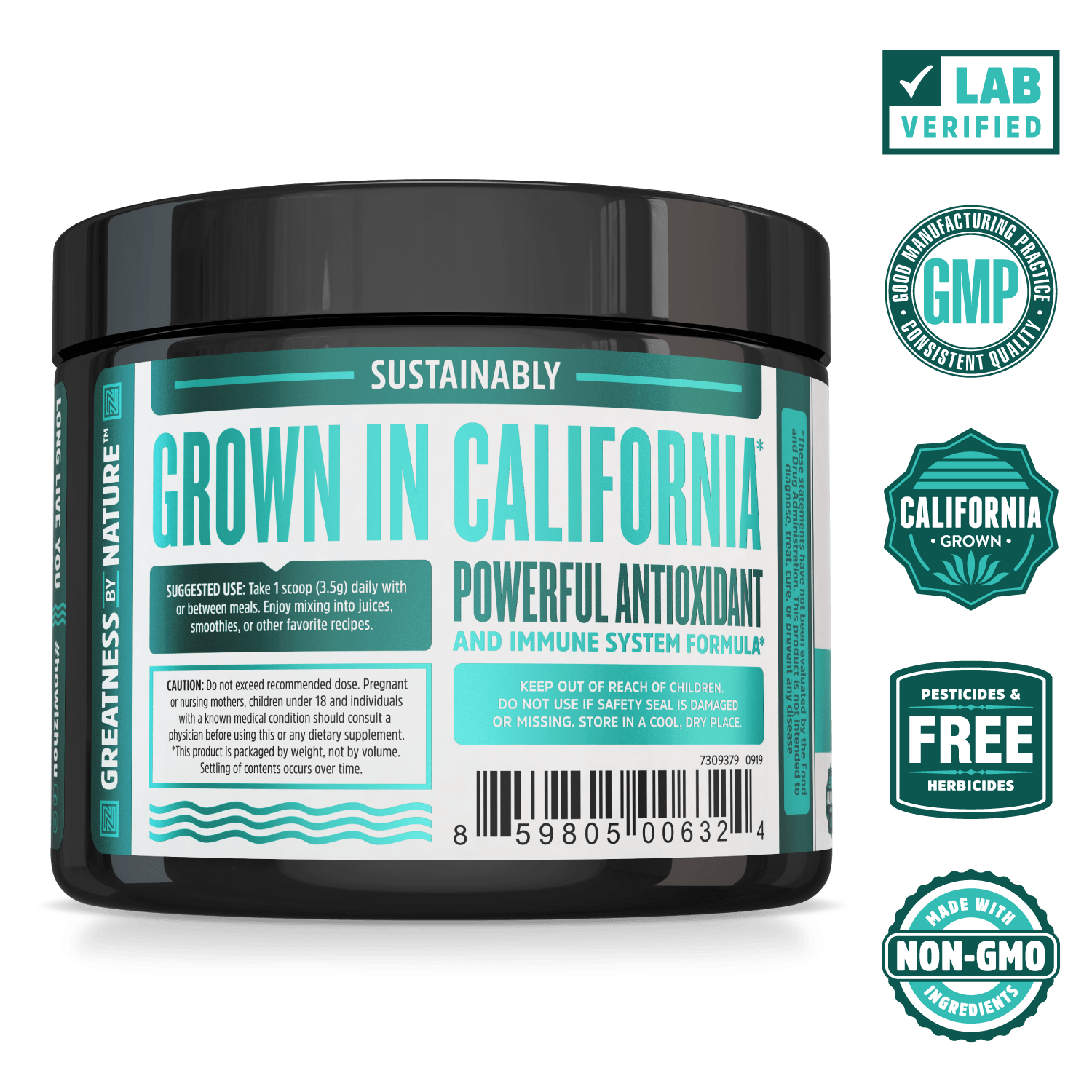 Zhou Nutrition 100% Vegetarian Spirulina Powder. Lab verified, good manufacturing practices, california grown, pesticides & herbicides free, made with non-GMO ingredients