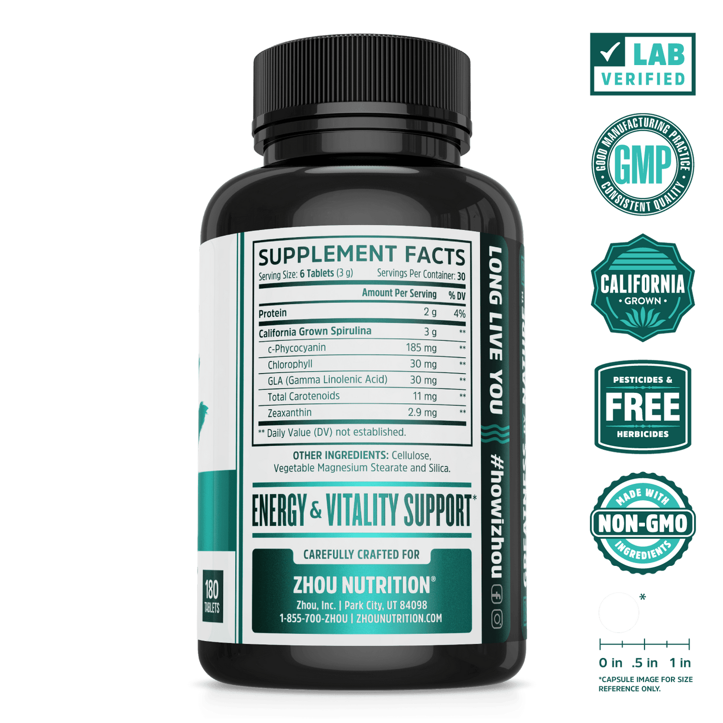 Zhou Nutrition Spirulina Superfood Tablets. Lab verified, good manufacturing practices, california grown, pesticides & herbicides free, made with non-GMO ingredients