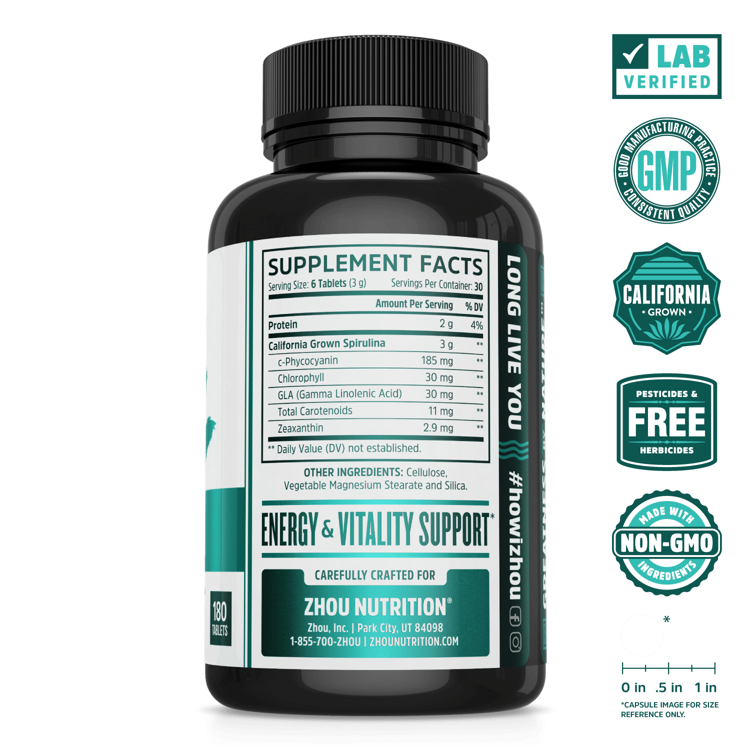 Zhou Nutrition Spirulina Superfood Tablets. Lab verified, good manufacturing practices, california grown, pesticides & herbicides free, made with non-GMO ingredients