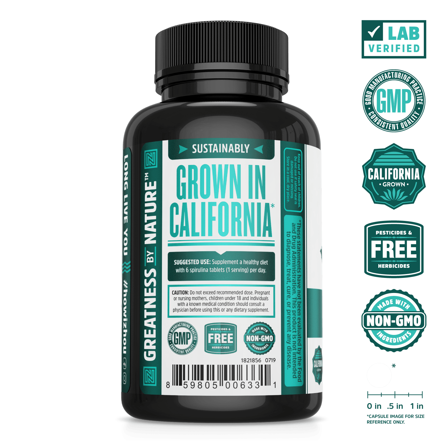 Zhou Nutrition Sustainably Grown Spirulina Tablets. Lab verified, good manufacturing practices, california grown, pesticides & herbicides free, made with non-GMO ingredients