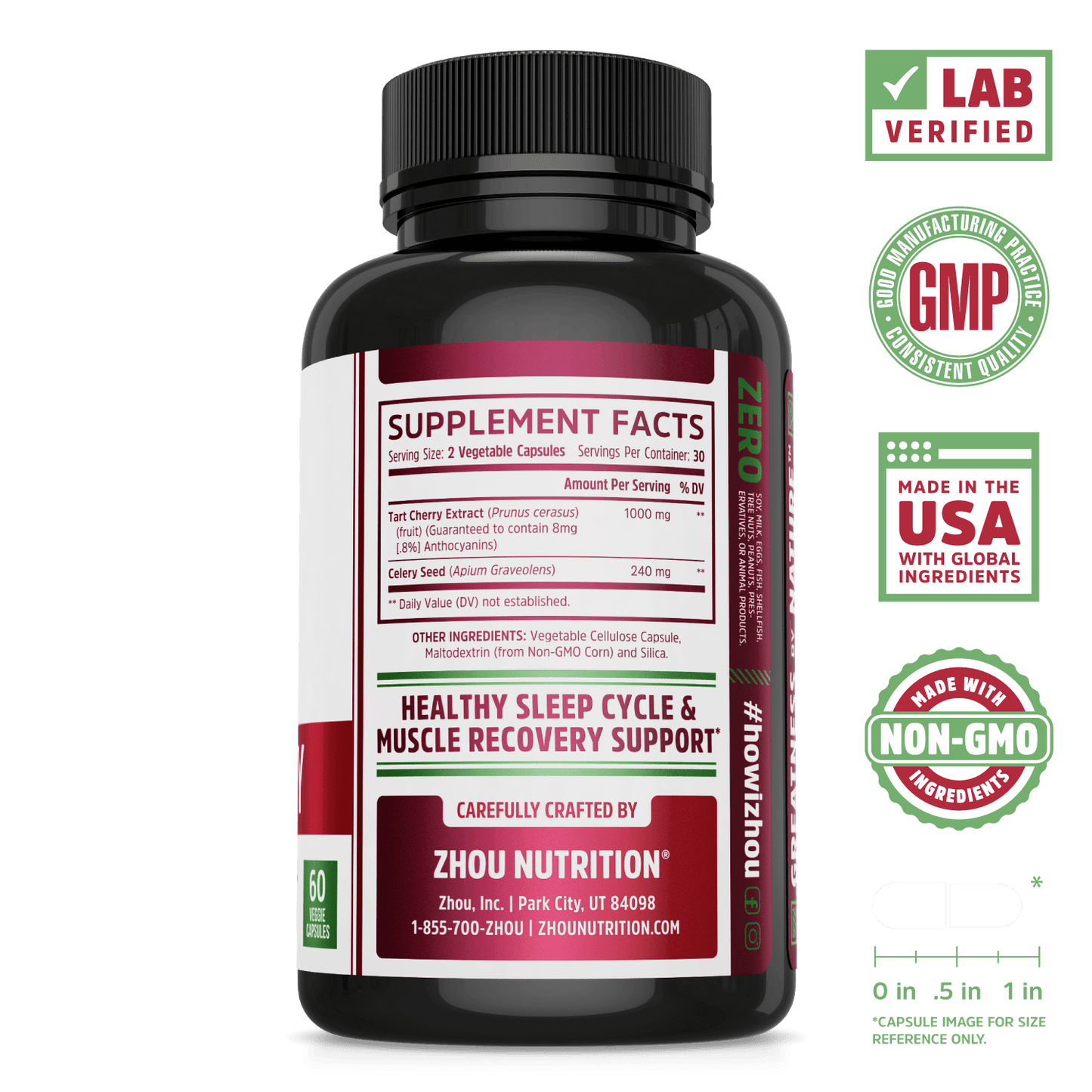 Zhou Nutrition Tart Cherry Extract Capsules.  Bottle side. Lab verified, good manufacturing practices, made in the USA with global ingredients, made with non-GMO ingredients.