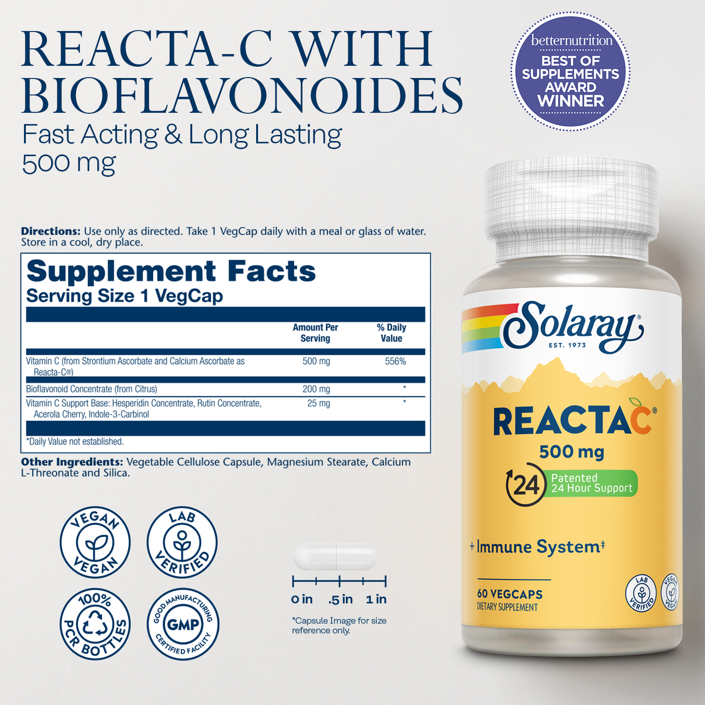 Solaray Reacta-C with Vitamin C 500mg - 200mg Bioflavonoid Concentrate, Immune Defense Vitamins - Patented 24 Hour Immune Support Supplement - Vegan - 180 Capsules, 180 Servings